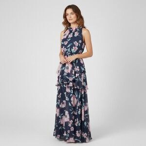 Eliza J Maxi Dress Blue Pink Floral Chiffon Tiered Sleeveless Spring PartySz 12